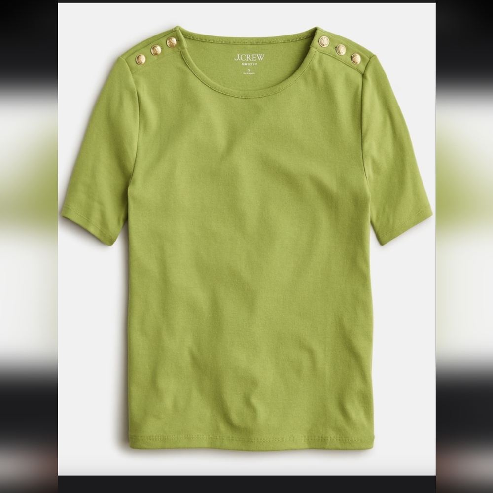 J. Crew Green Button Shoulder Tee Elbow Sleeve Slim Fit Medium